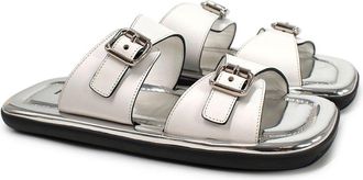 Prada White and Silver Leather Buckle Sandals Size 39