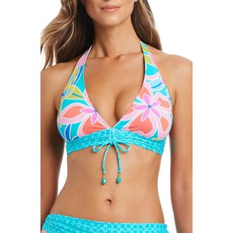 Bleu Rod Beattie Floral Halter Bikini Top in Aqua Fresca at Nordstrom, Size 12