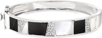 Ross-Simons Onyx, Mother-Of-Pearl and White Topaz Bangle Bracelet in Sterling Silver