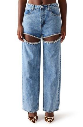 Steve Madden Taylor High Waist Rhinestone Cutout Detail Jeans in Doha Wash at Nordstrom Rack, Size 24