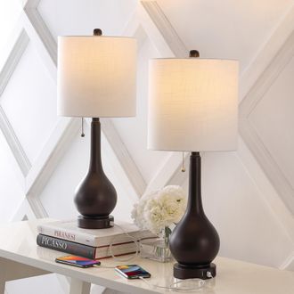 Jonathan Y Designs Tyler 24 Modern Classic Gourd Iron LED Table Lamp with Pull-Chain with Dual USB Charging Port (Set of 2)