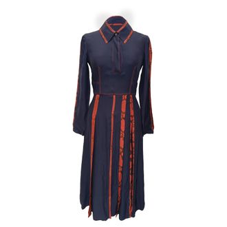 Burberry Pre-owned Womens Snakeskin-Print Trimmed Midi Dress in Navy Blue Silk - Size IT 36 (Womens)