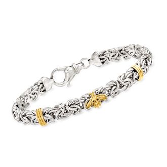 Ross-Simons Sterling Silver Byzantine Bracelet With 14kt Yellow Gold Bee and Bar Stations