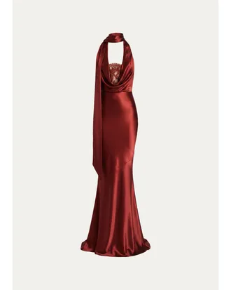 Retrof&ecirc;te Melly Satin Lace-Trim Scarf Gown