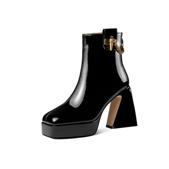 TinaCus Square Toe Patent Leather Platform High Chunky Heels Handmade Zipper with Chain Womens Chic Ankle Boots, Black, 4 UK