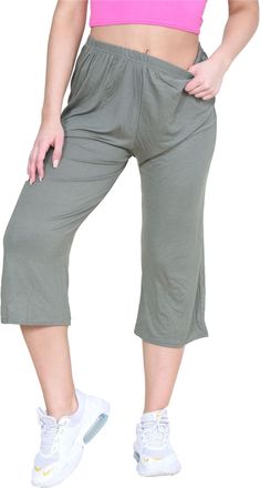 Janisramone Womens Ladies New Plain Wide Leg Culottes 3/4 Length Shorts Trousers Casual Summer Palazzo Pants Khaki