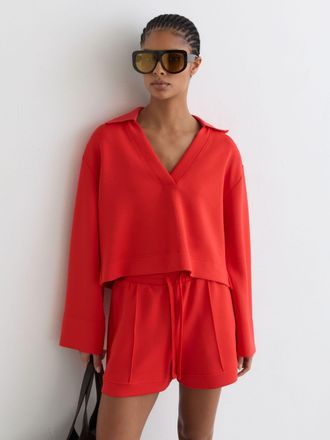 Reiss Coral Red Premium Interlock Open-collar Sweatshirt, XL