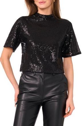 Vince Camuto Sequin Mesh Short Sleeve Top in Rich Black at Nordstrom Rack, Size Medium