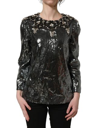 Dolce & Gabbana Metallic Gray Sequin Embellished Blouse Womens Top