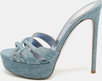 Rene Caovilla Ren&eacute; Caovilla Blue Denim Strappy Platform Slide Sandals