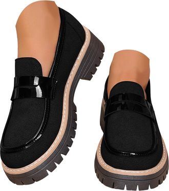 Generic Platform Chunky Loafers for Women Lug Sole Block Heel Round Toe Dress Slip On Work Shoes Business Casual Dressy Loafers Fashion Retro British Low Top 