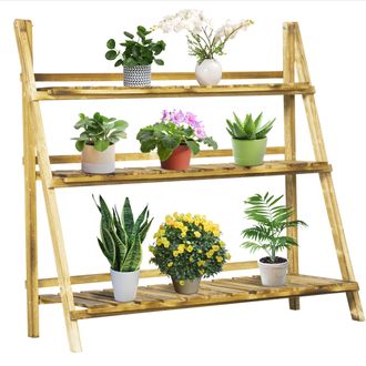 OUTSUNNY Soporte Para Plantas De Madera De 3 Niveles, Estanter&iacute;a Para Plantas Plegable Para Interior Y Exterior, 100x37x93 Cm, Carbonizado