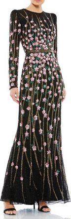 Mac Duggal Floral Embellished Mesh Gown with High Neck & Sheer Long Sleeves in Black Multi at Nordstrom, Size 18