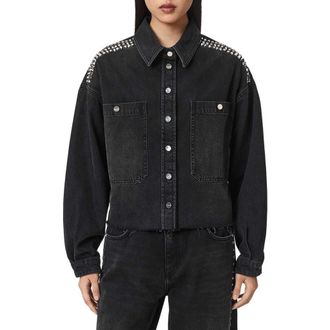 AllSaints Nicky Stud Denim Jacket in Washed Black at Nordstrom, Size X-Small