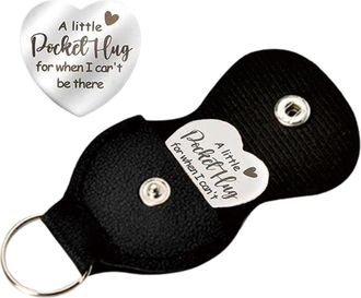 Generic Pocket Hug | Pocket Hug Keychain | A Little Pocket Hug Keychain | Double Sided Heart Coin With Leather Keychain | Engraved Stainless Steel Keepsake Co