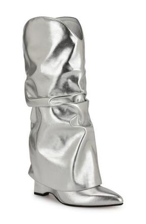 Nine West Amazin Foldover Shaft Pointed Toe Wedge Boot in Silver at Nordstrom Rack, Size 7.5