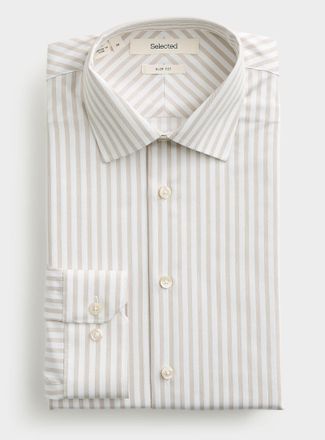 Selected Mens Vertical-stripe sand shirt Slim fit