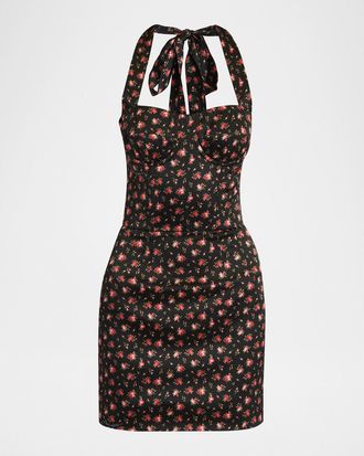 Dolce & Gabbana Floral-Print Satin Bustier Halter Mini Dress