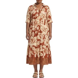 London Times Floral Tiered A-Line Midi Dress in Rust/Cream at Nordstrom Rack, Size 3 X
