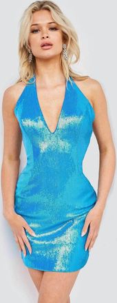 Jovani Plunging Halter Sequin Cocktail Dress In Irridescent Royal