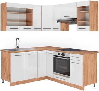 Vicco Cocina Esquinera Fame-line, Blanco Alto Brillo/roble Dorado, 190 X 160 Cm, Et Roble, Vicco