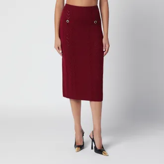Alessandra Rich Bordeaux Merino Wool Lace Knit Midi Skirt