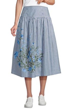 Lands End Poplin Drop Waist Midi Skirt in Navy Striped Placed Floral at Nordstrom, Size 10
