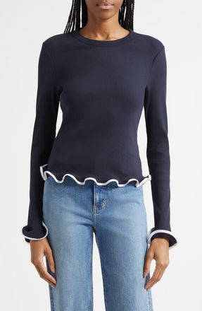 Veronica Beard Elianne Ruffle Top in Navy White at Nordstrom, Size X-Small