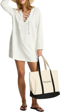 Sea Level Australia Jacquard Stripe Long Sleeve Lace-Up Cotton Terry Cover-Up Minidress in White at Nordstrom, Size X-Small