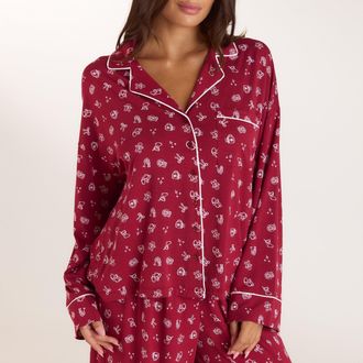 Lounge Christmas Cottage pyjamashirt van modal - Rode print - XXL