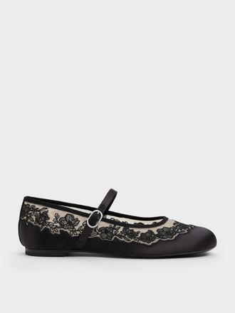 Charles & Keith Satin Embroidered-Mesh Mary Jane Flats