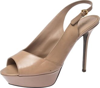 Sergio Rossi Beige Patent Leather Peep Toe Ankle Strap Platform Sandals