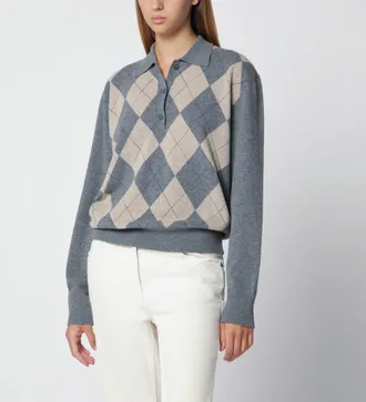 R&oacute;he Polo grigia con motivo Argyle beige in misto lana