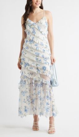 Chelsea28 Ruffle & Lace Sleeveless Maxi Dress in Blue Floral at Nordstrom, Size Xx-Small