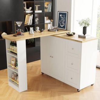 Merax Multi-functional Kitchen Island Trolley with Rotating Bar Table in White