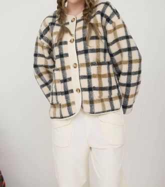 Blu Pepper Teddy Sherpa Jacket In Cream Plaid