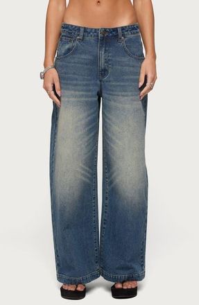 Edikted Sabira Low Rise Baggy Jeans in Blue-Vintage-Washed at Nordstrom, Size X-Small