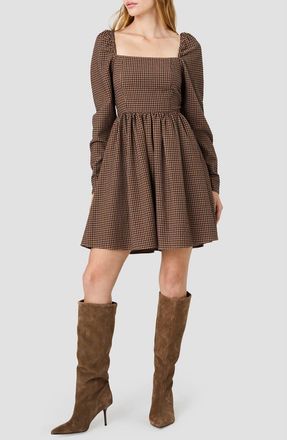 French Connection Diana Gingham Textured Balloon Sleeve Dress in Chestnut Brown Multi at Nordstrom, Size 14