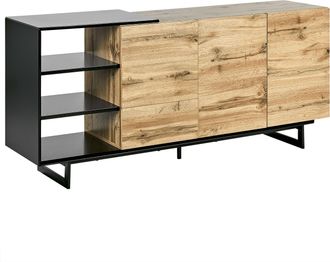 Beliani Aparador Madera Clara Negro 160 X 40 Cm Mdf Cajonera Almacenaje Sala De Estar Fiora