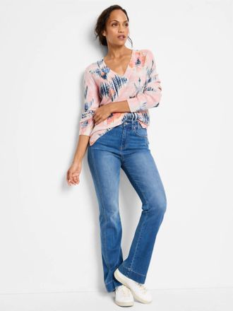 Nic+Zoe Alivia Abstract Floral Waffle Stitch V-Neck Sweater In Pink Multi