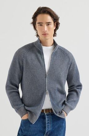 Brunello Cucinelli Cashmere vanis&eacute; English rib high-neck cardigan with zipper in Cerulean at Nordstrom, Size 58