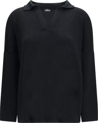 Ella Womens Polo Collar Wool Sweater Black Merino Tops