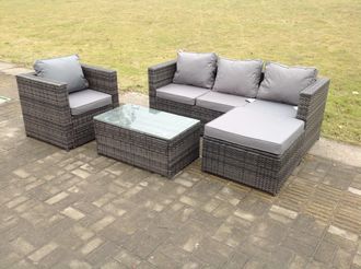 Fimous Rattan Sofa Set Outdoor Garden Furniture With Single Arm Chair & Rectangular Coffee Table With Big Footstool in Dark Grey