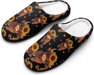 Generic Cute Highland Cow Sunflower Cotton Slippers for Women Indoor Outdoor Slipper Slip-On Memory Foam Home Shoes