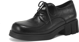 Generic Womens Lace Up Vintage Oxfords Low Block Heel Platform Dress Shoes Round Toe PU Leather Casual Shoes,Black,3.5 UK