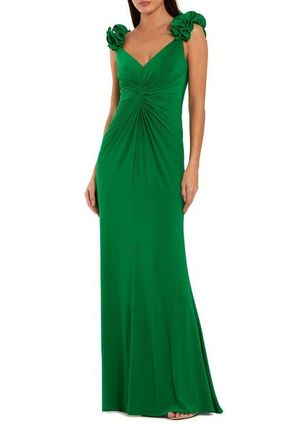 Mac Duggal Jersey V Neck Gown With 3D Flower Straps in Spring Green at Nordstrom, Size X-Small