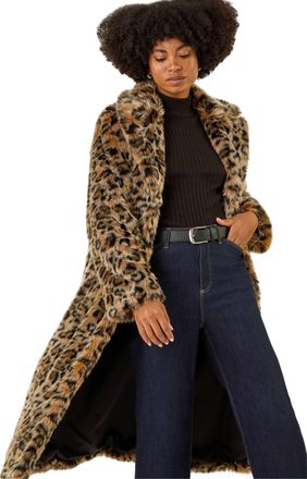 Roman Womens Premium Animal Faux Fur Coat - Brown - Size 16 UK