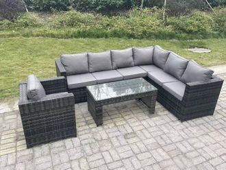 Fimous 7 Seater Rattan Corner Sofa Lounge Sofa Set With Rectangular Coffee Table With Arm Chair in Dark Grey