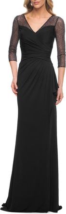 La Femme Jersey Long Dress with Beading and Ruffle Skirt in Black at Nordstrom, Size 16