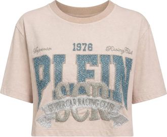 Philipp Plein Tops, Dames, Roze, M, Katoen, T-shirt Ronde Hals Korte Mouw